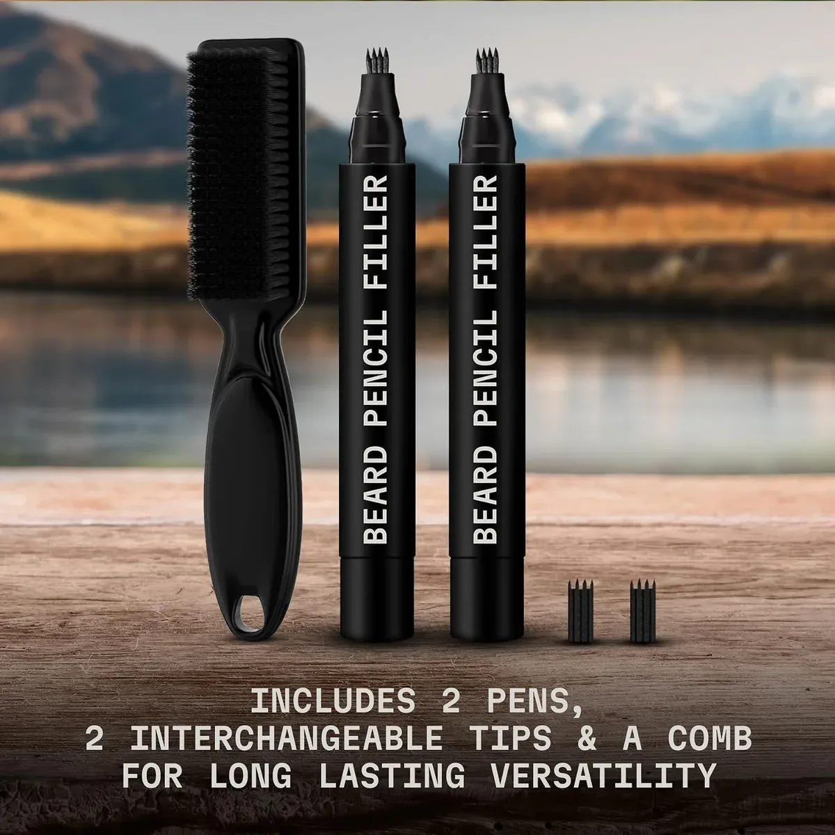 Two beard filler pens and a grooming tool in the kit