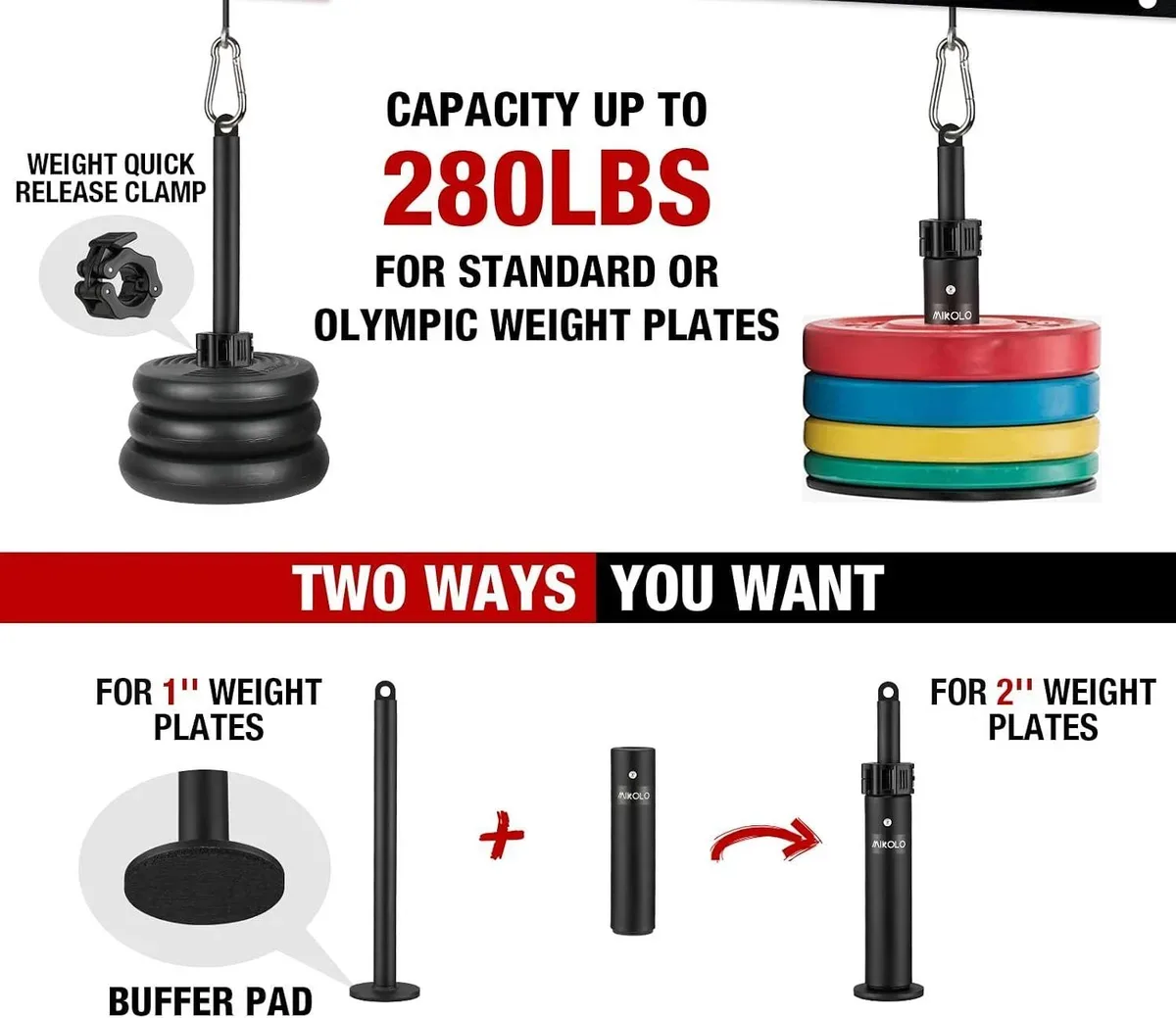 Lat pulley system loading pin holding plates up to 280 lb