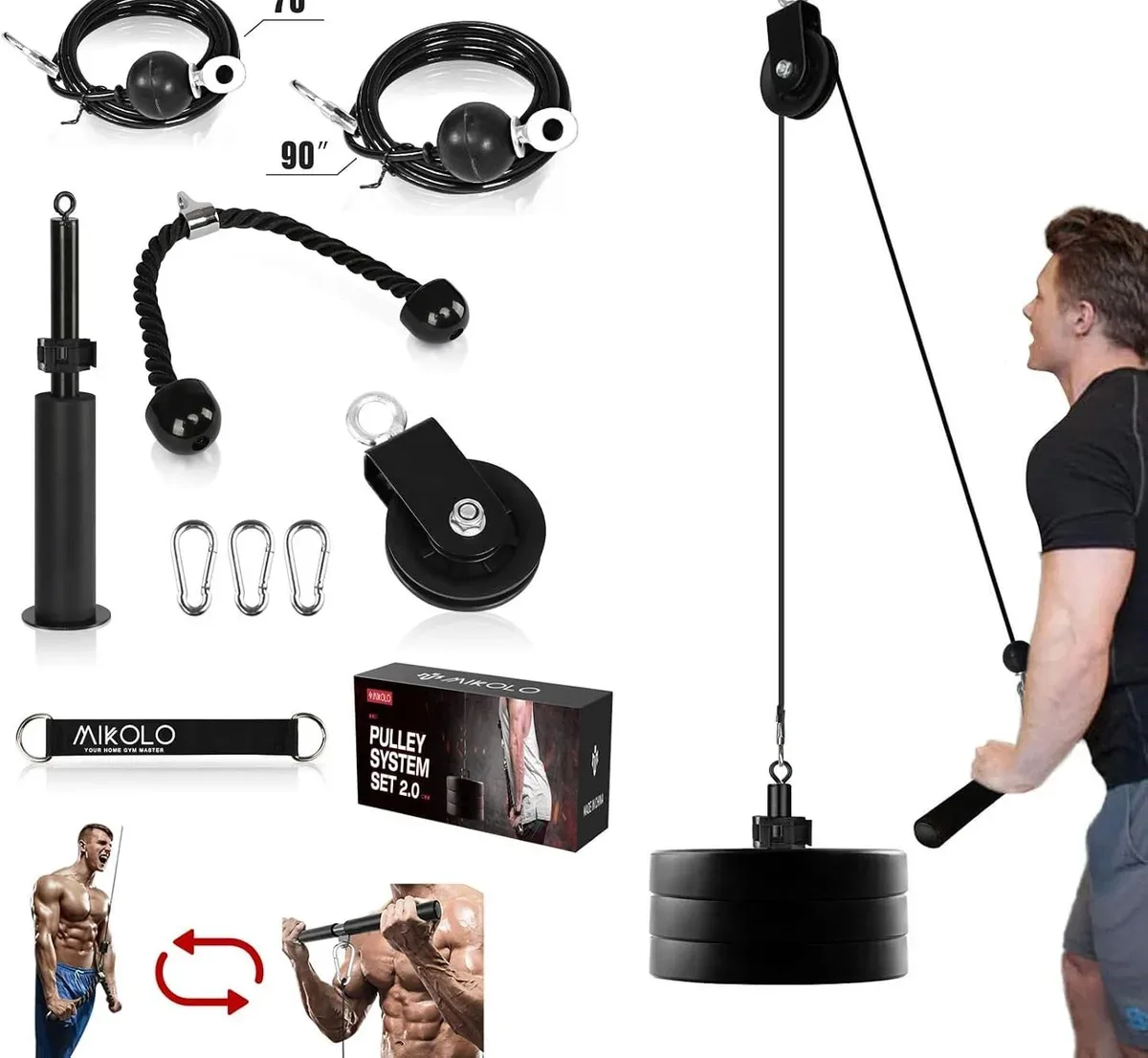 Lat pulley system hanging from a home gym power rack
