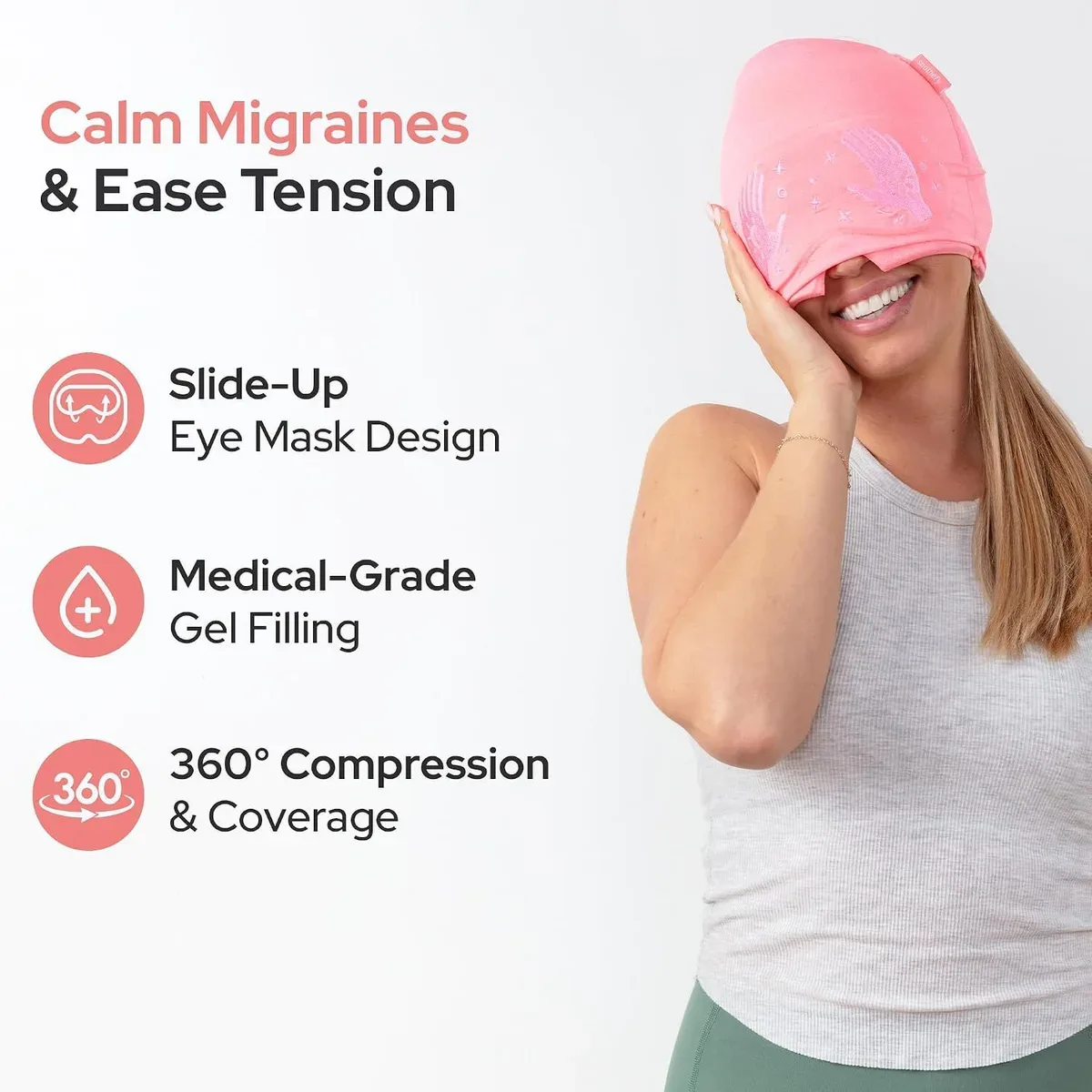 Slide-up eye mask and gel filling of the migraine relief cap