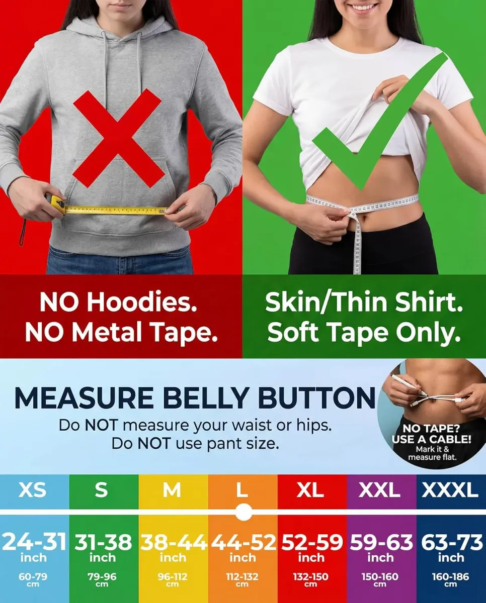 Lower back brace sizing guide measured at the belly button