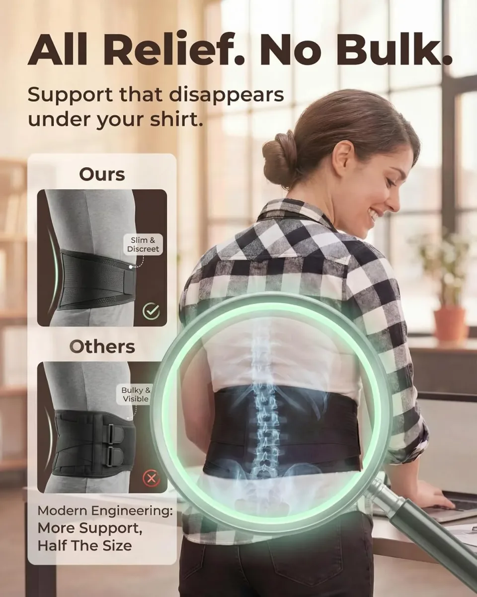 Slim lower back brace worn under everyday clothing