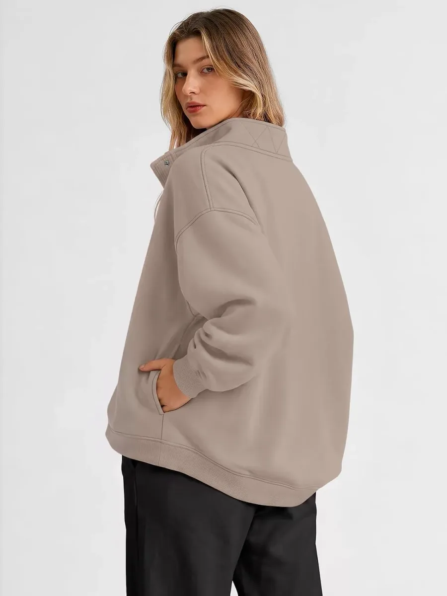 Back view of the oversized henley sweatshirt and drop shoulders