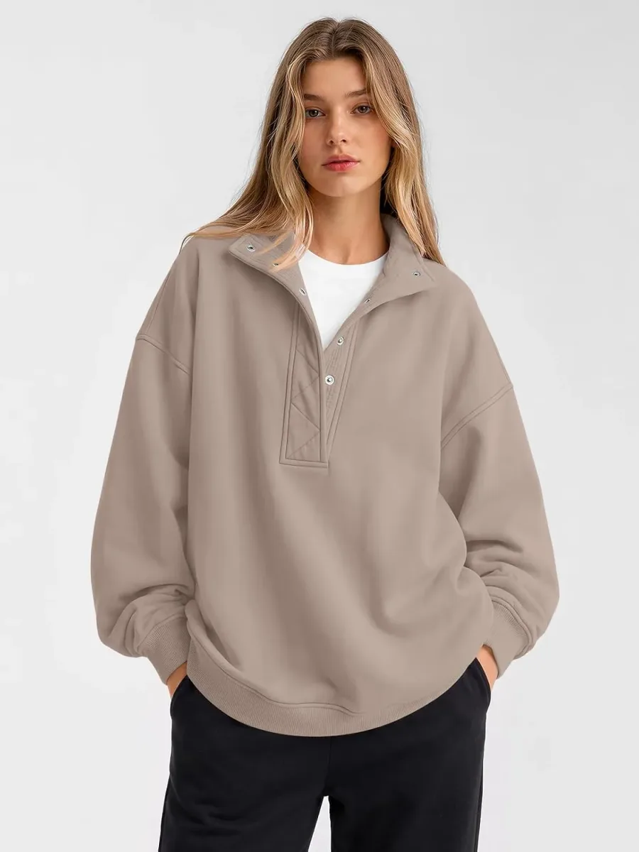Snap button henley collar on the oversized henley sweatshirt