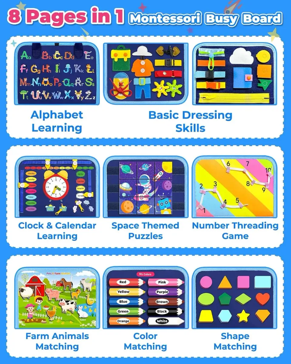 All 8 pages of the Montessori busy board opened to show each activity