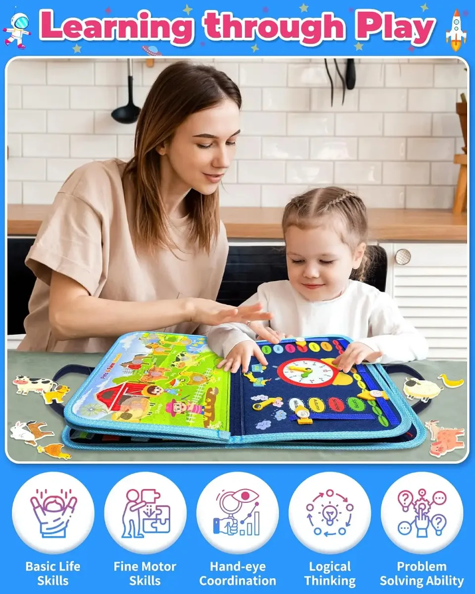 Parent and child working through a Montessori busy board page together