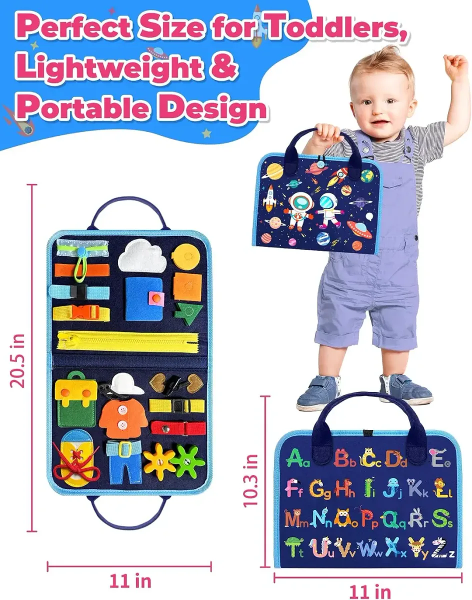 Compact, portable size of the Montessori busy board for travel
