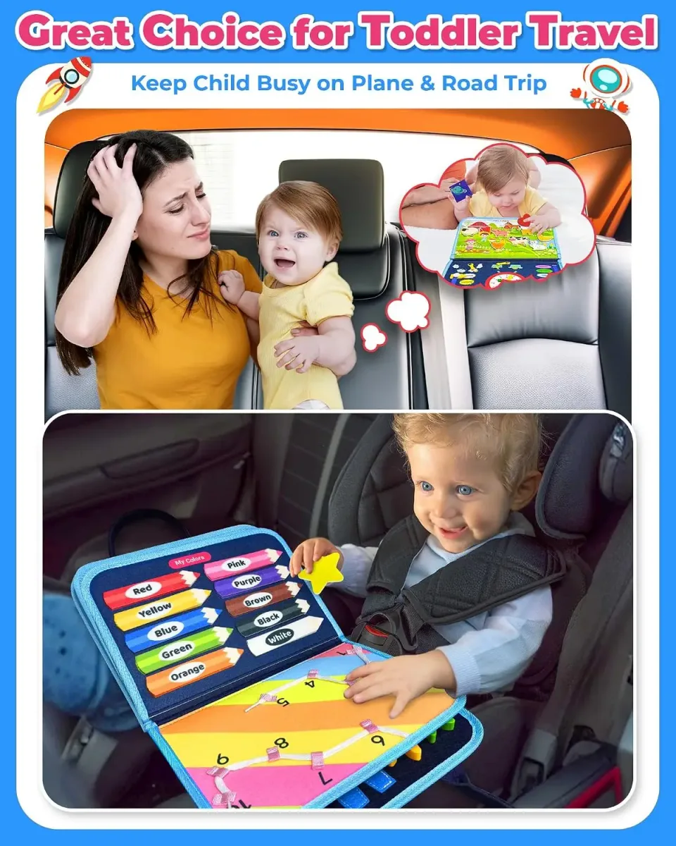 Toddler playing with the Montessori busy board on a family car trip