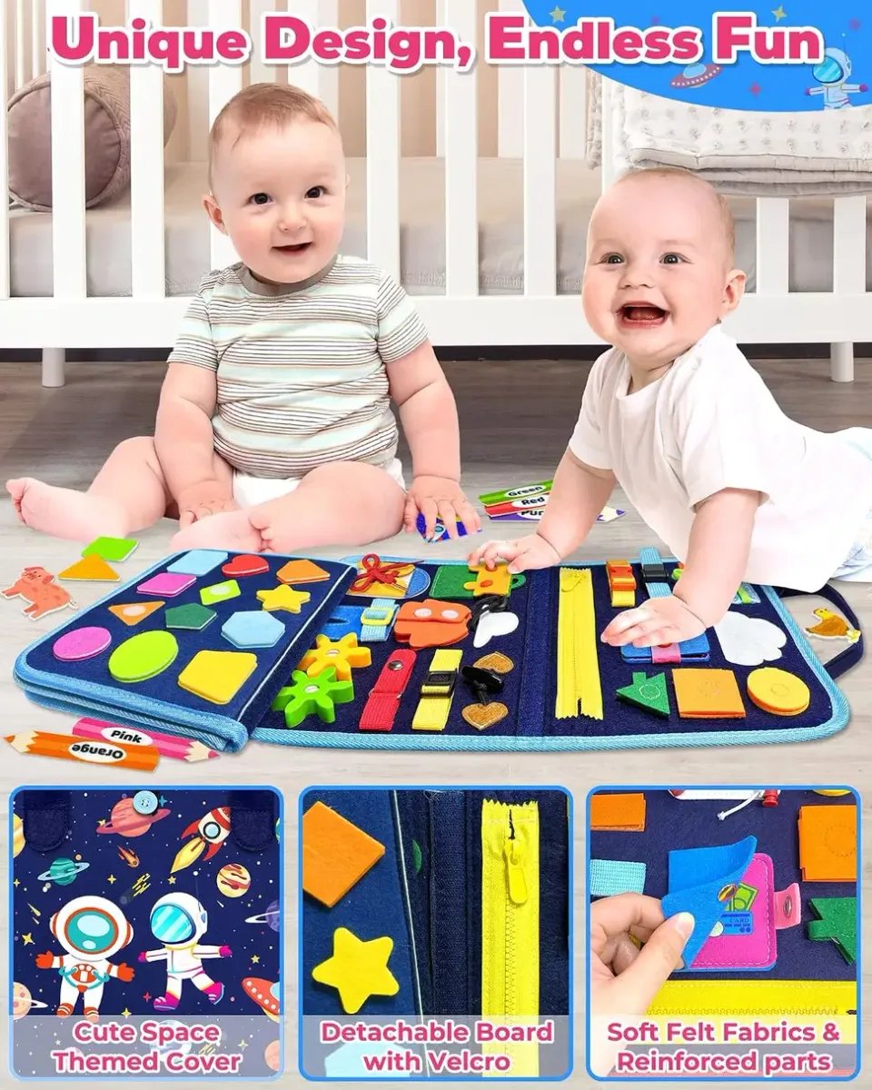 Toddlers playing and learning with a Montessori busy board
