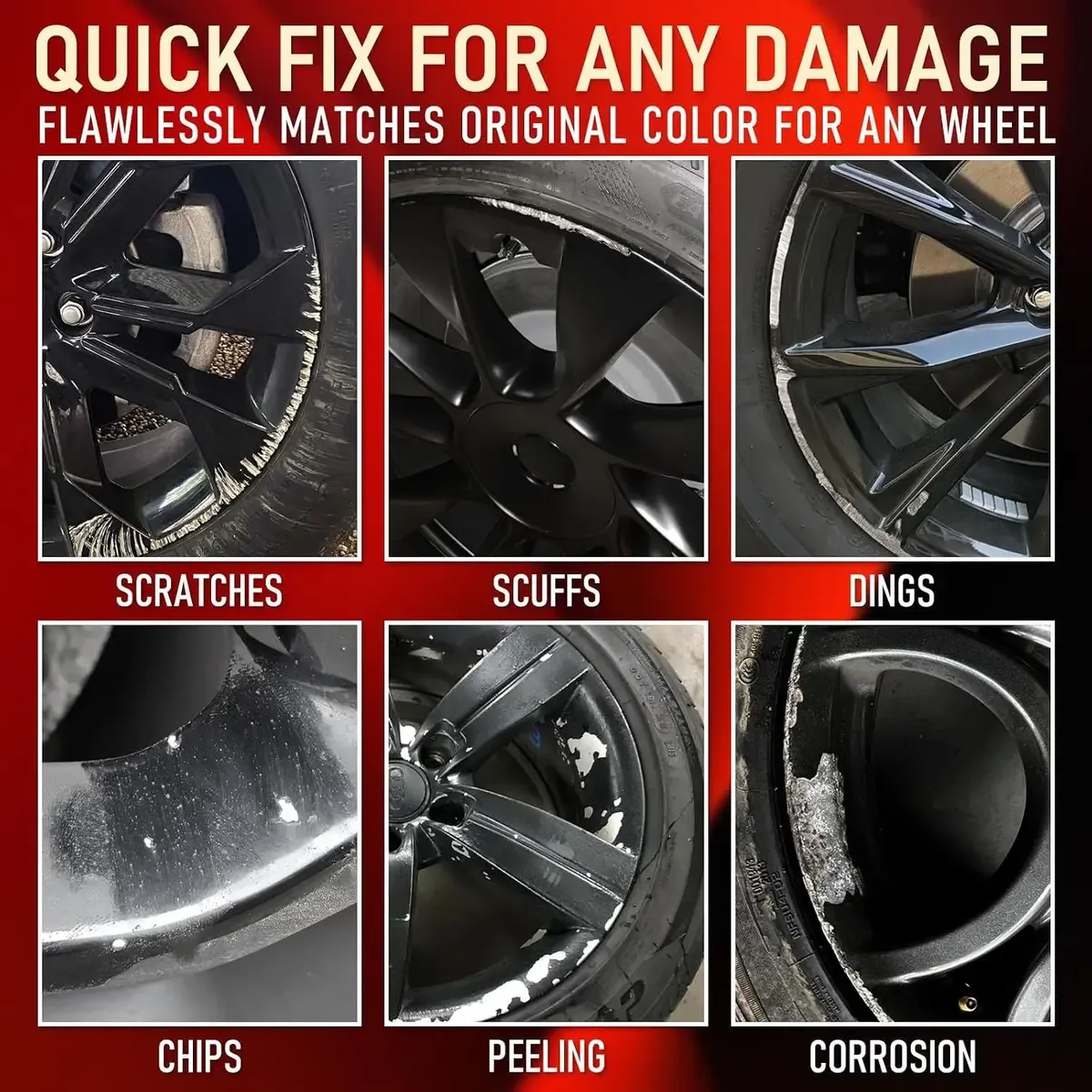Black rim touch up paint covering scratches, scuffs and chips on a wheel