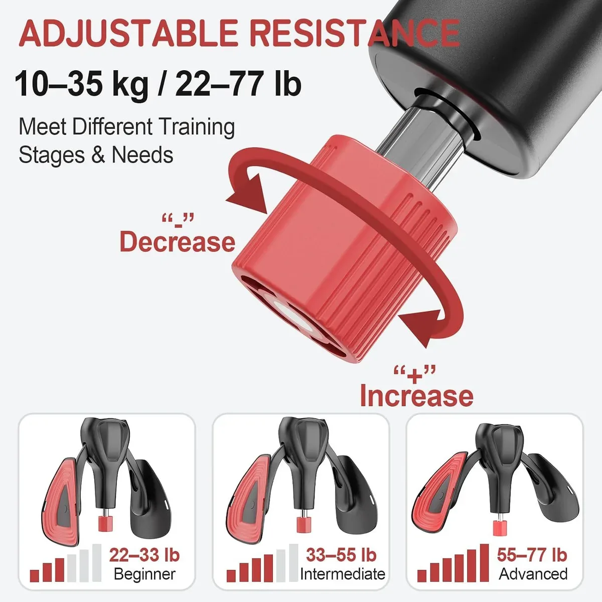 Pelvic floor trainer resistance knob set between 22 and 77 lb