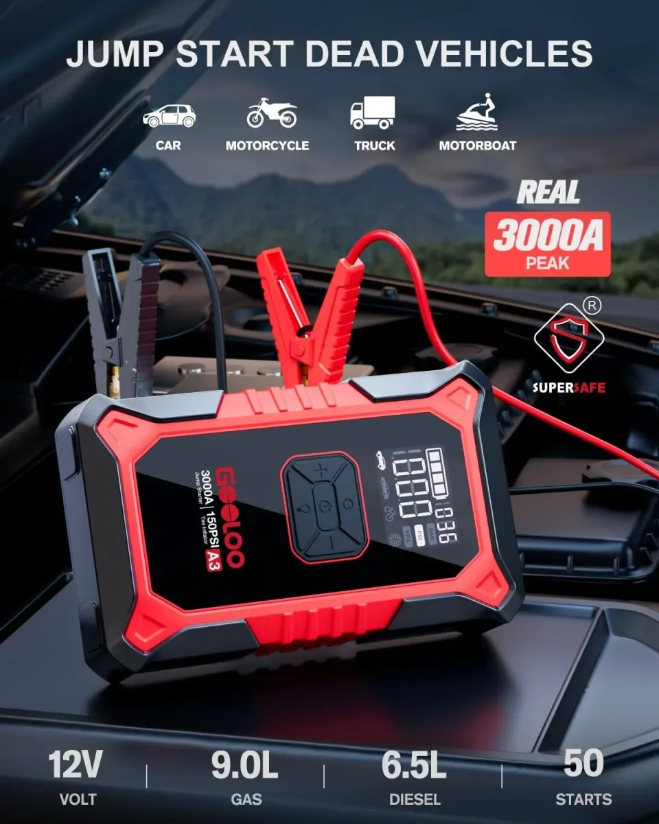 Jump starter with air compressor clamped to a dead car battery