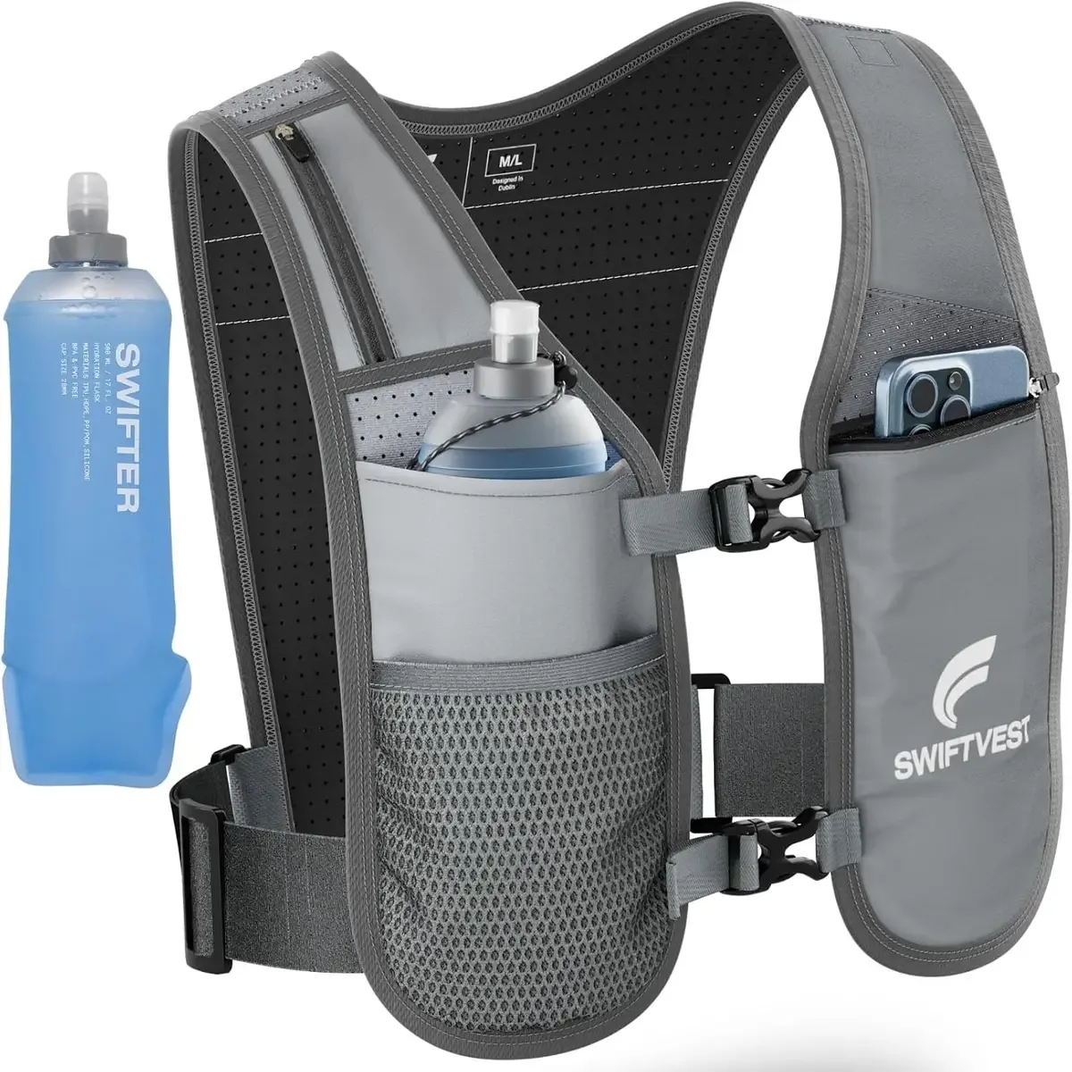 Grey running hydration vest with flask and reflective trim