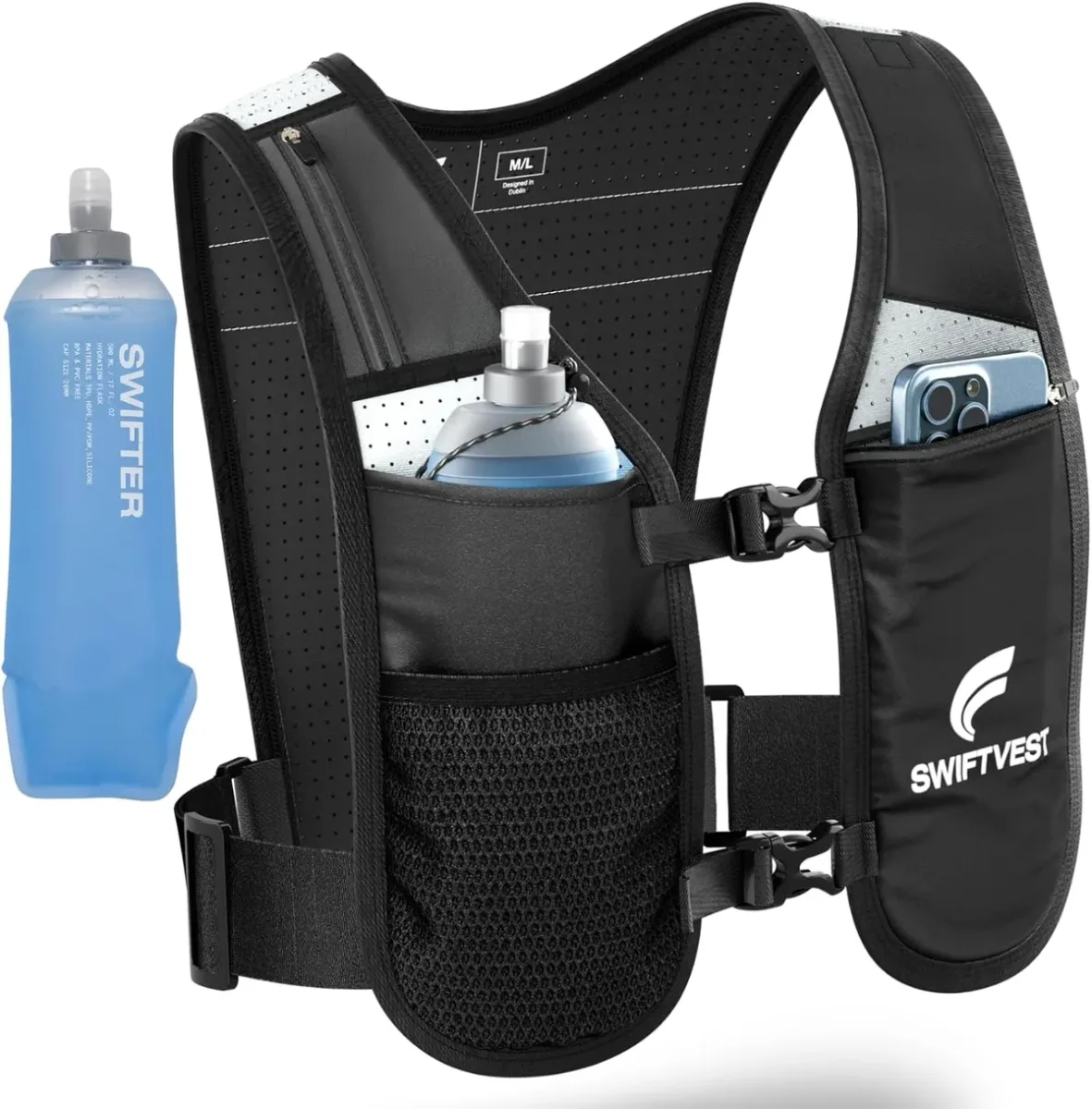 Running hydration vest holding a smartphone and 500 ml flask