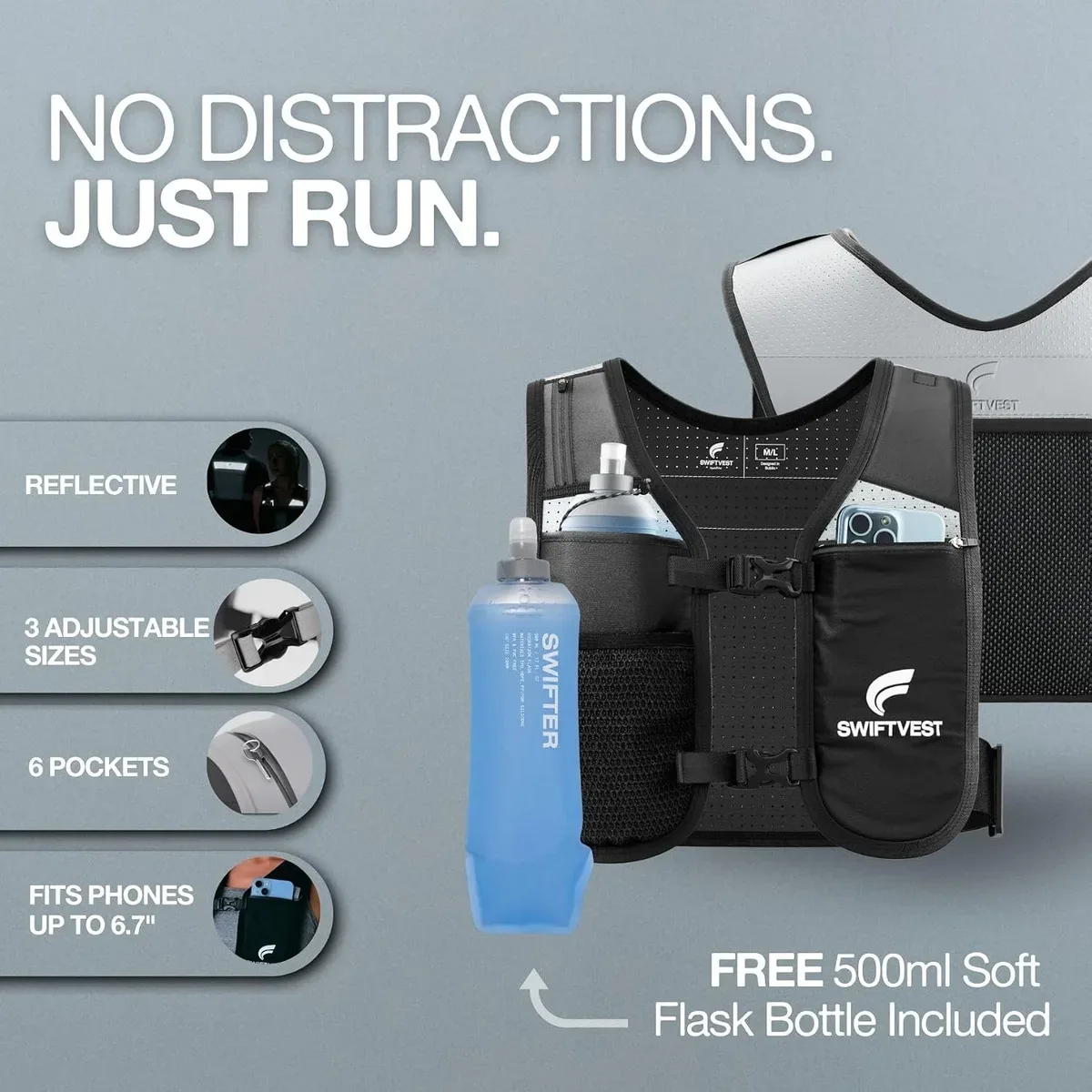 Running hydration vest pockets and main features labelled