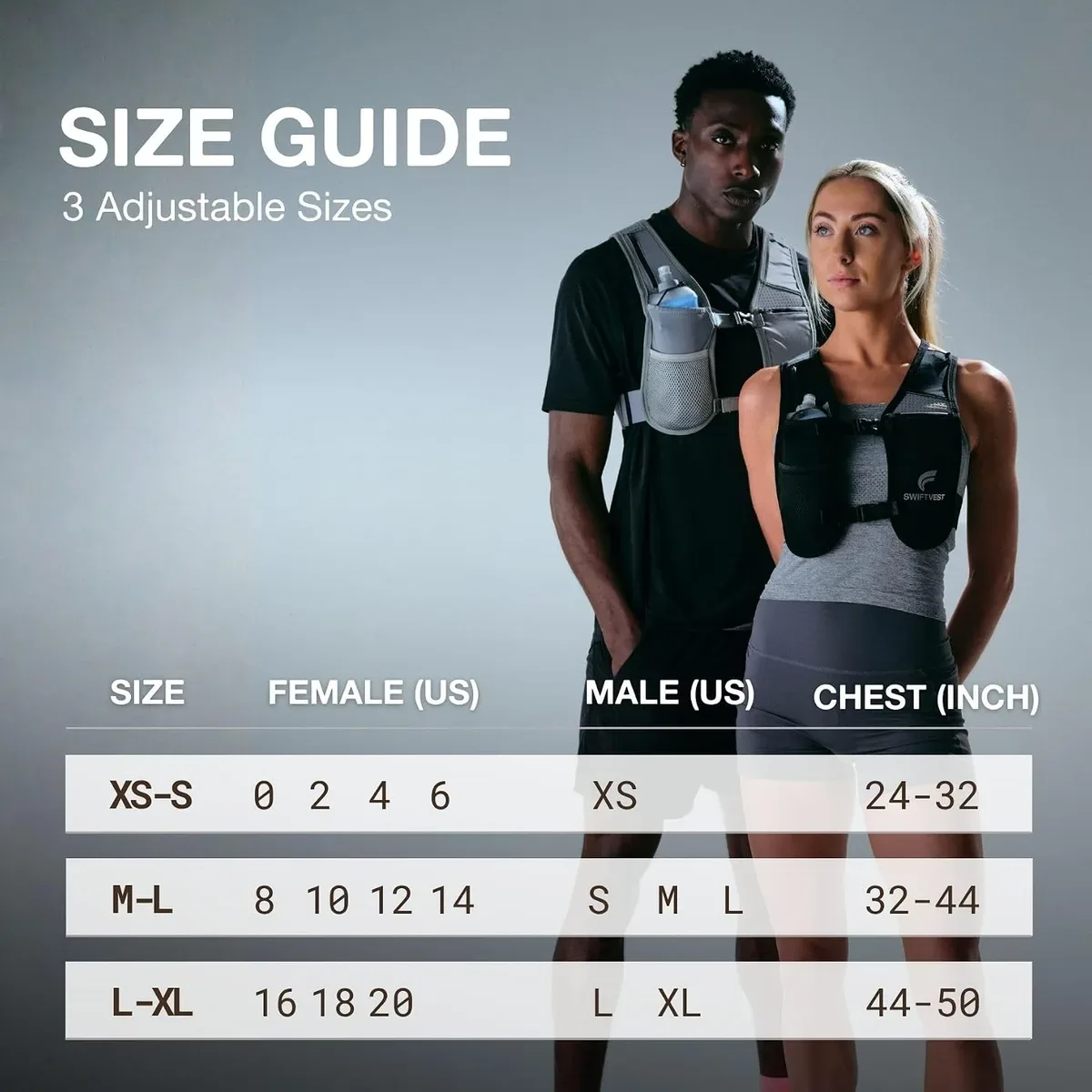 Size chart showing the three running hydration vest sizes