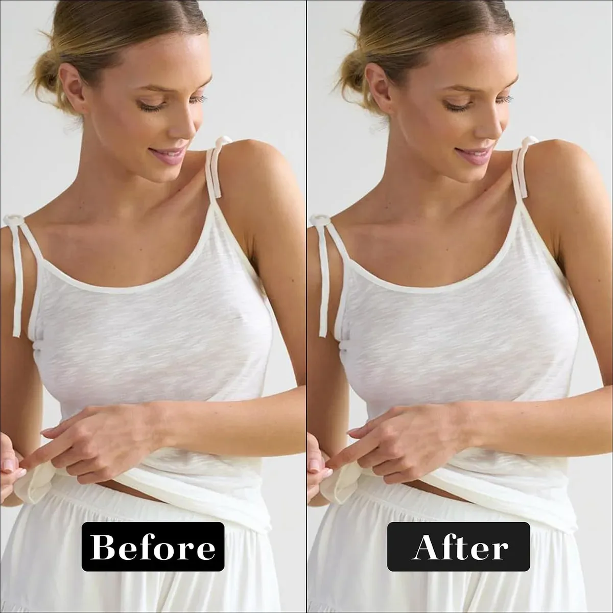 Before and after wearing silicone nipple covers under a top