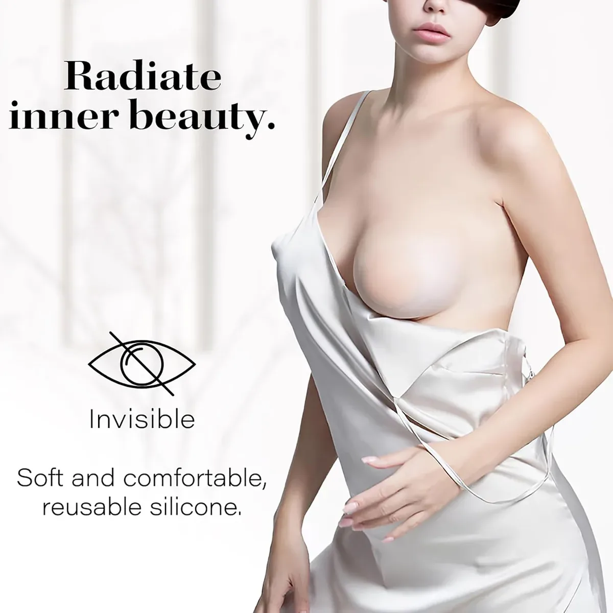 Silicone nipple covers worn under a sheer dress