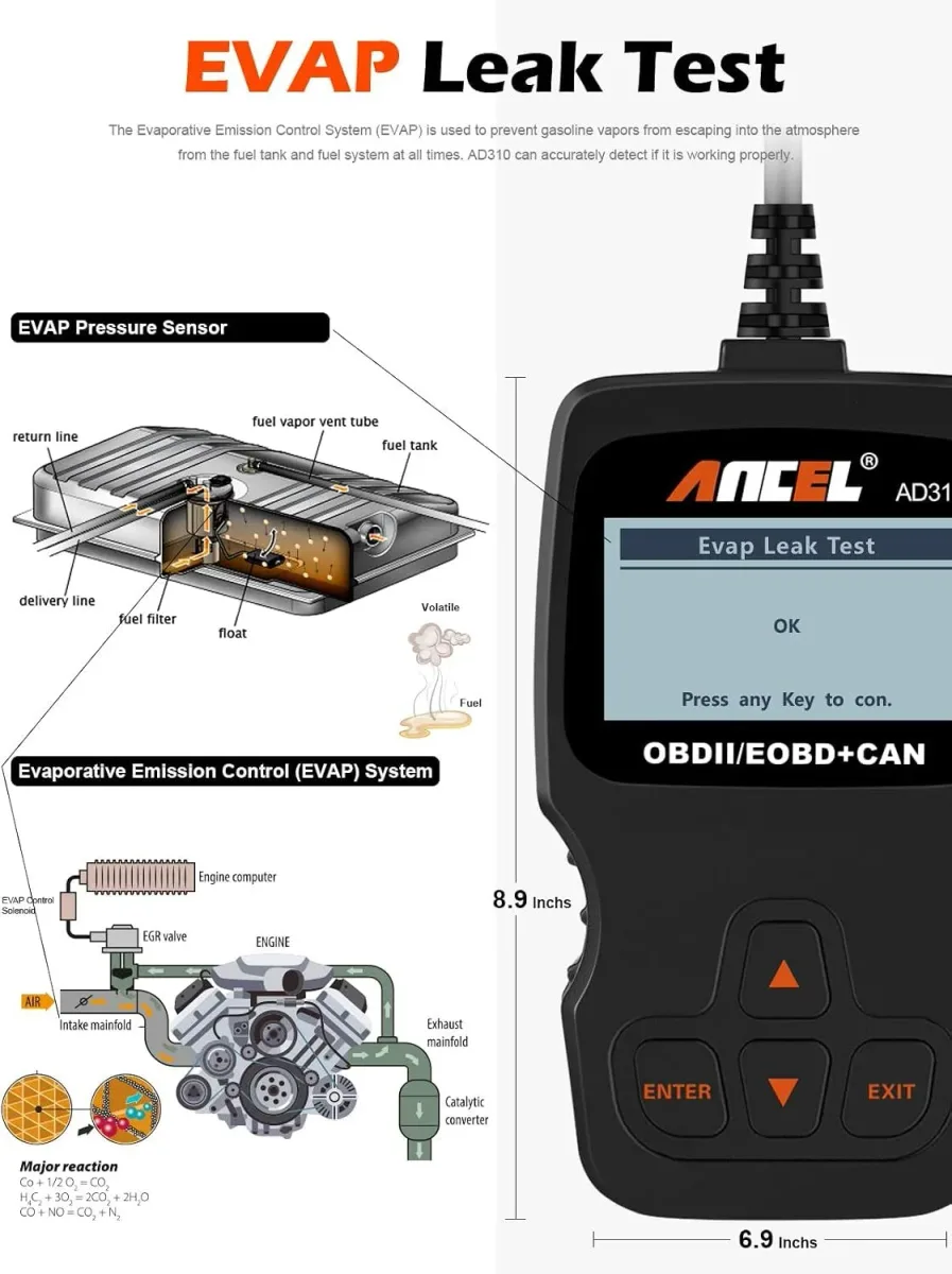 EVAP leak test screen on the OBD2 scanner