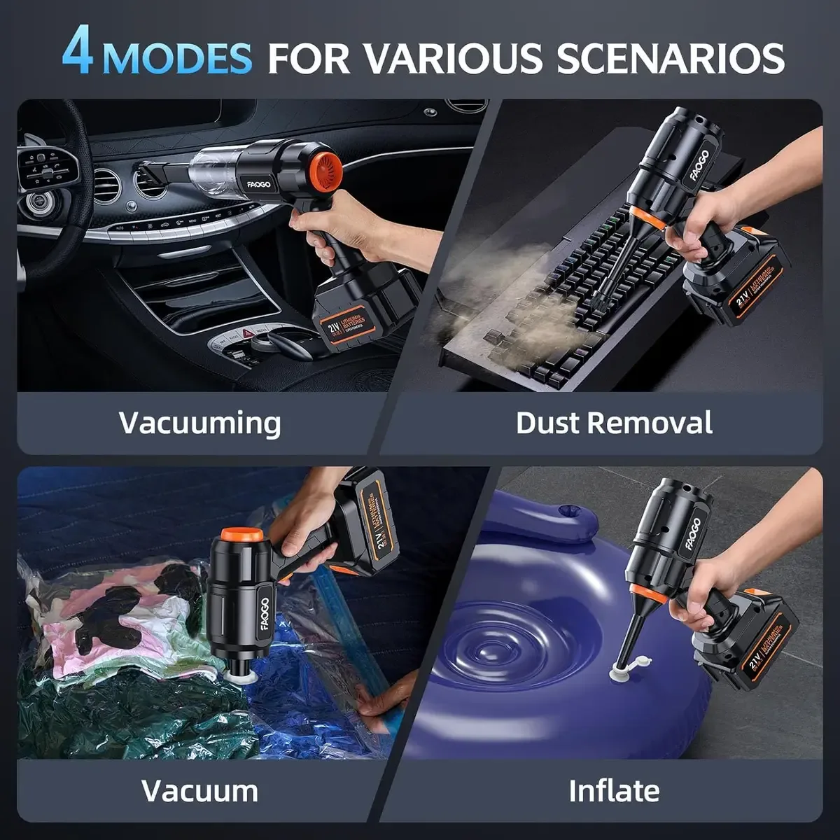 Cordless handheld vacuum modes: vacuum, blow, inflate and deflate