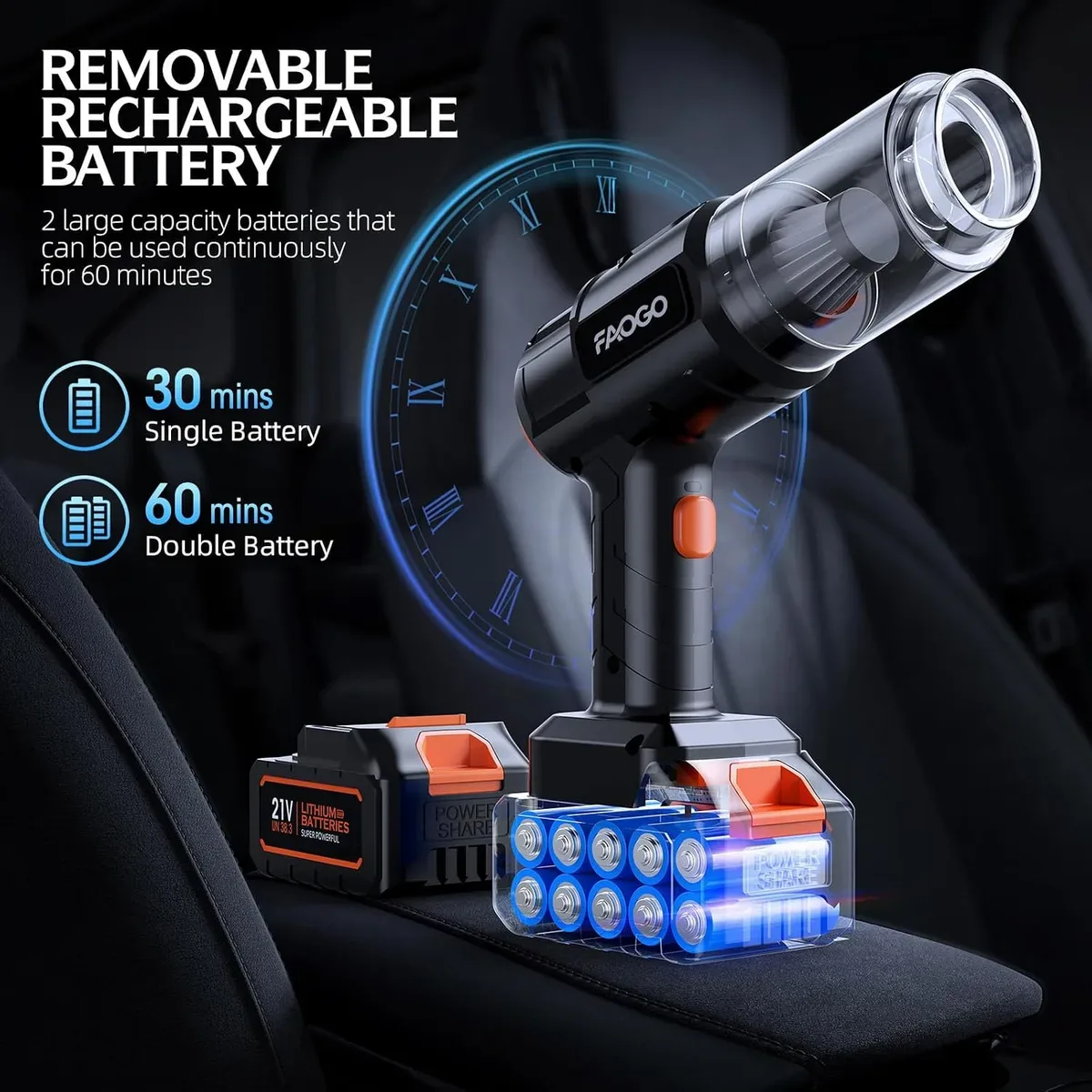 Two swappable batteries for the cordless handheld vacuum