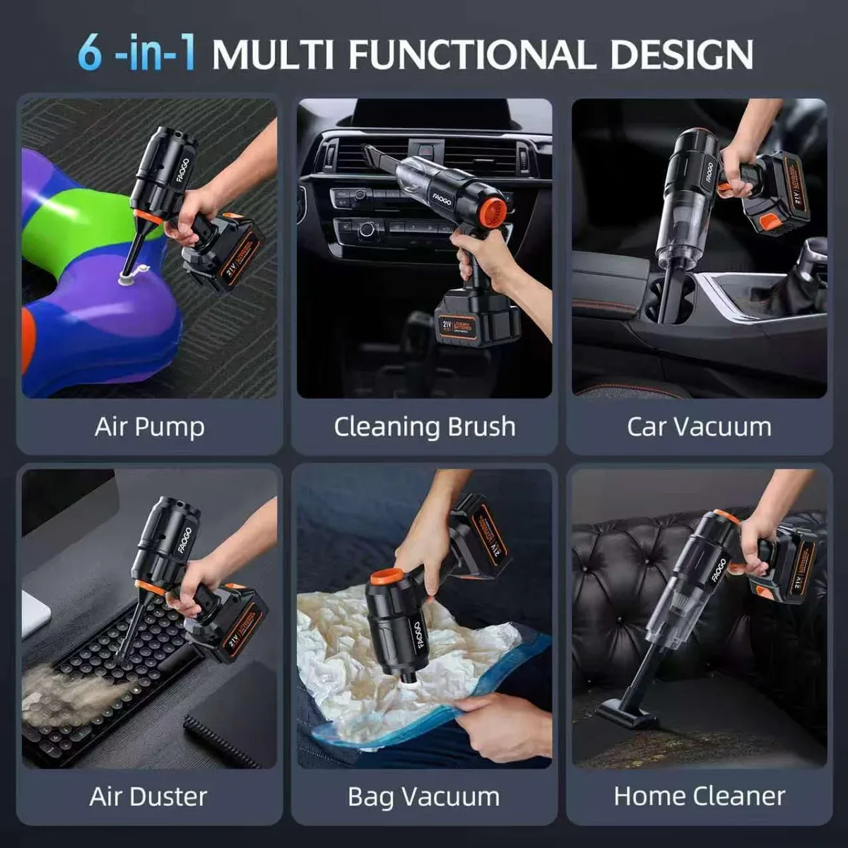 Cordless handheld vacuum used on a car, keyboard, sofa and tent