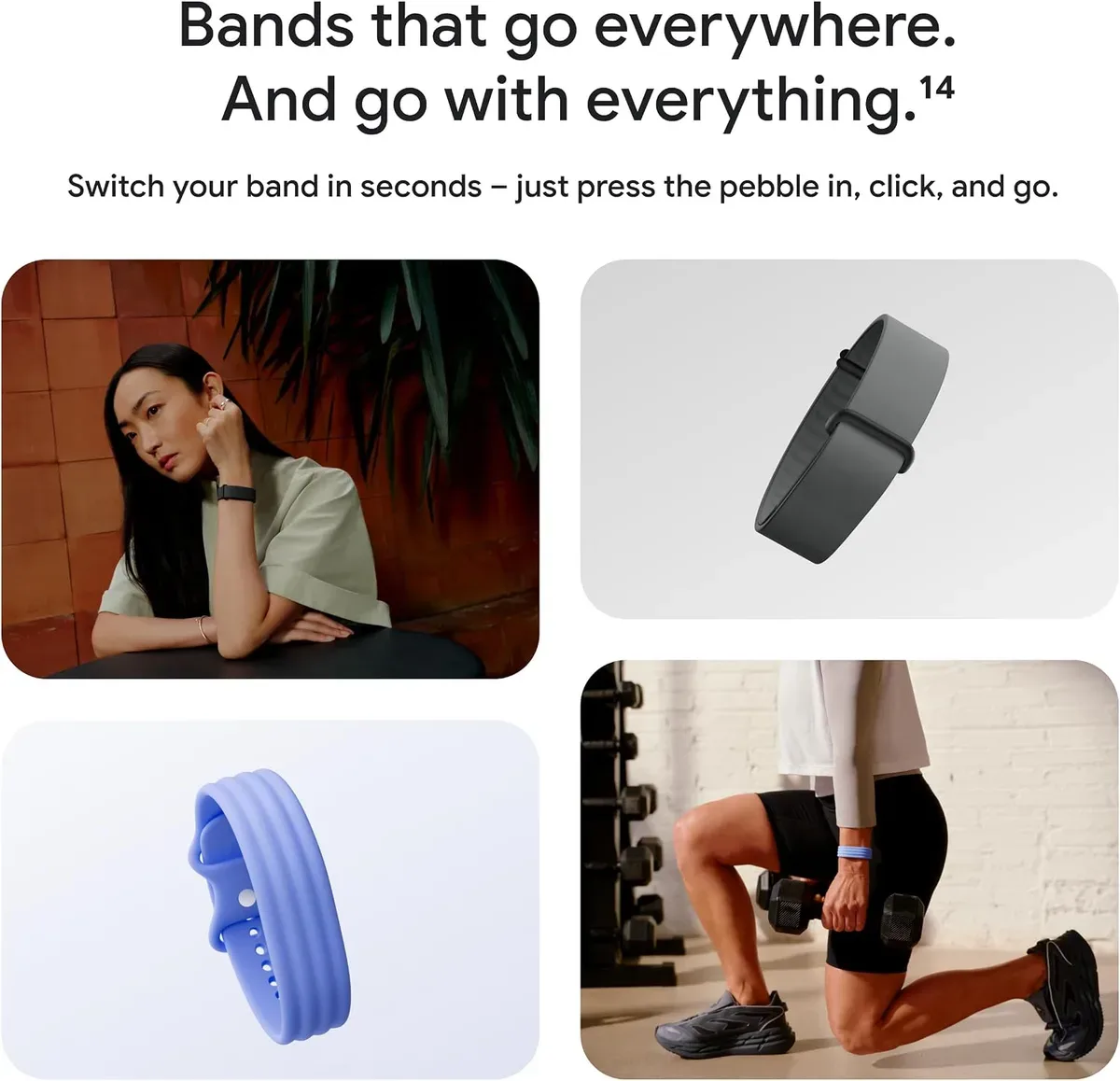 Screenless fitness tracker pebble shown in different band styles