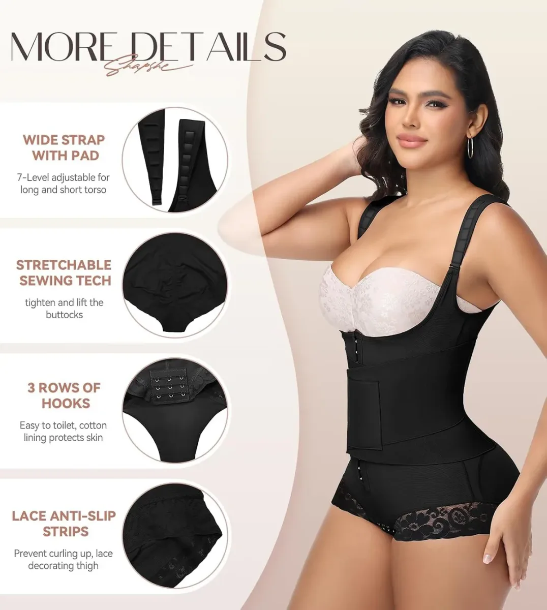 Straps, hooks and anti-slip thigh strips on the faja colombiana body shaper