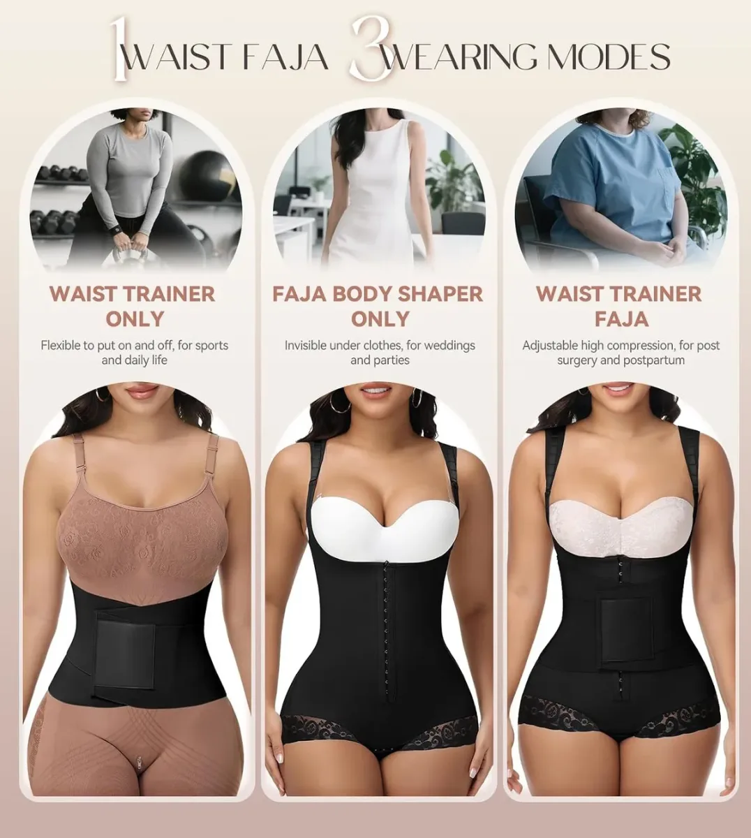 Three wearing modes of the faja colombiana body shaper