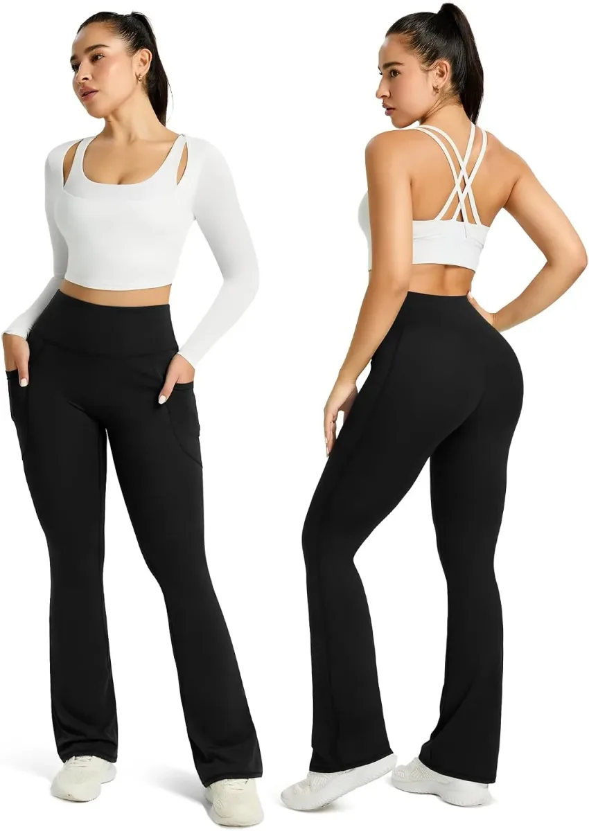 Flare yoga pants styled for the office and everyday outings