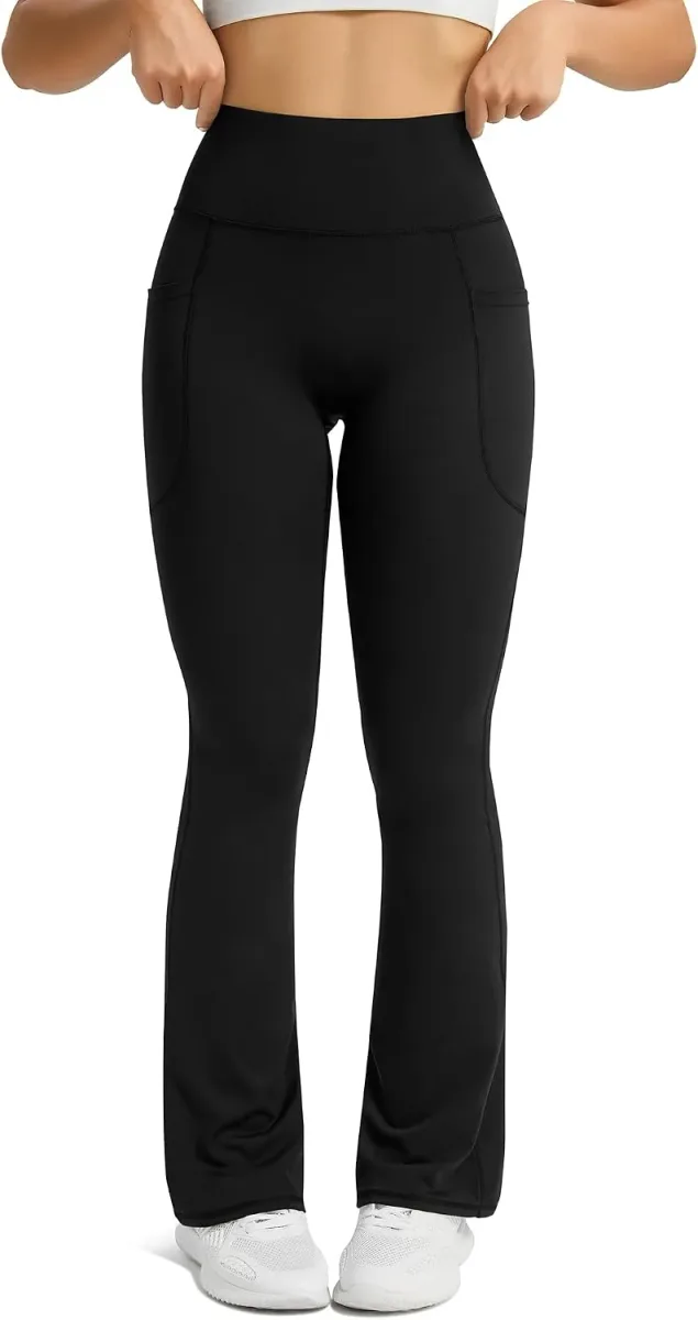 Front of the flare yoga pants showing no front seam