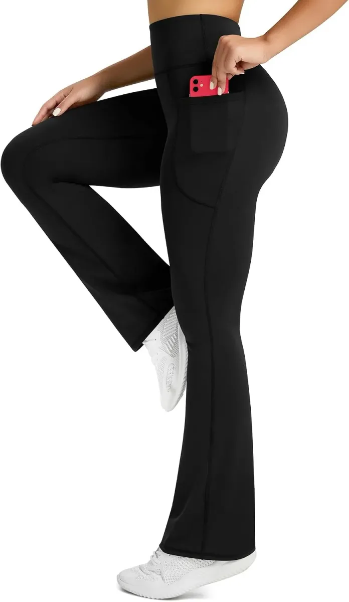 Phone in the side pocket of the flare yoga pants