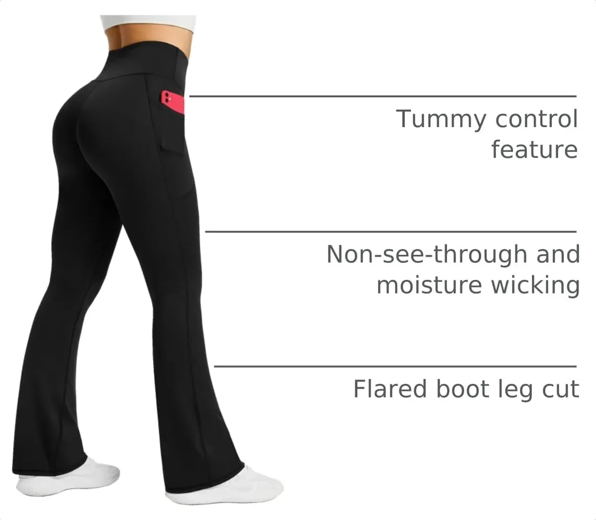 Tummy control waistband and opaque fabric of the flare yoga pants