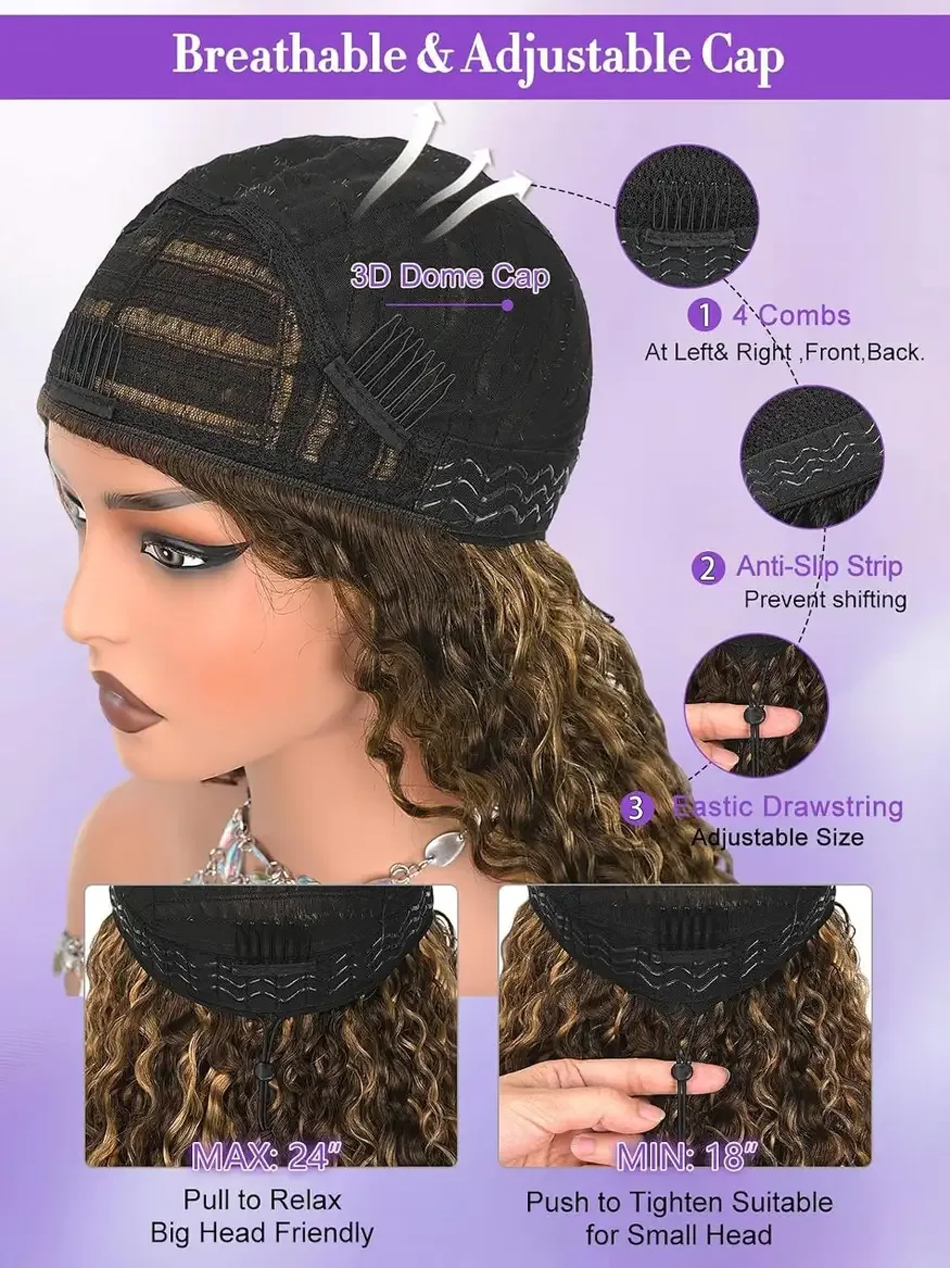 Breathable cap and adjustable drawstring inside the ombre curly half wig