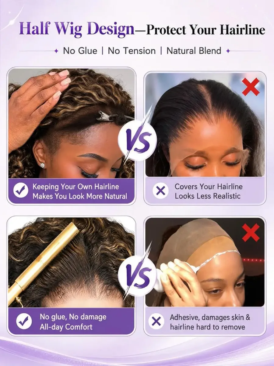 Ombre curly half wig leaving the natural hairline free
