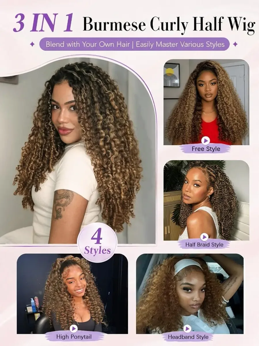 Ombre curly half wig worn three ways: flip-over, half wig, headband