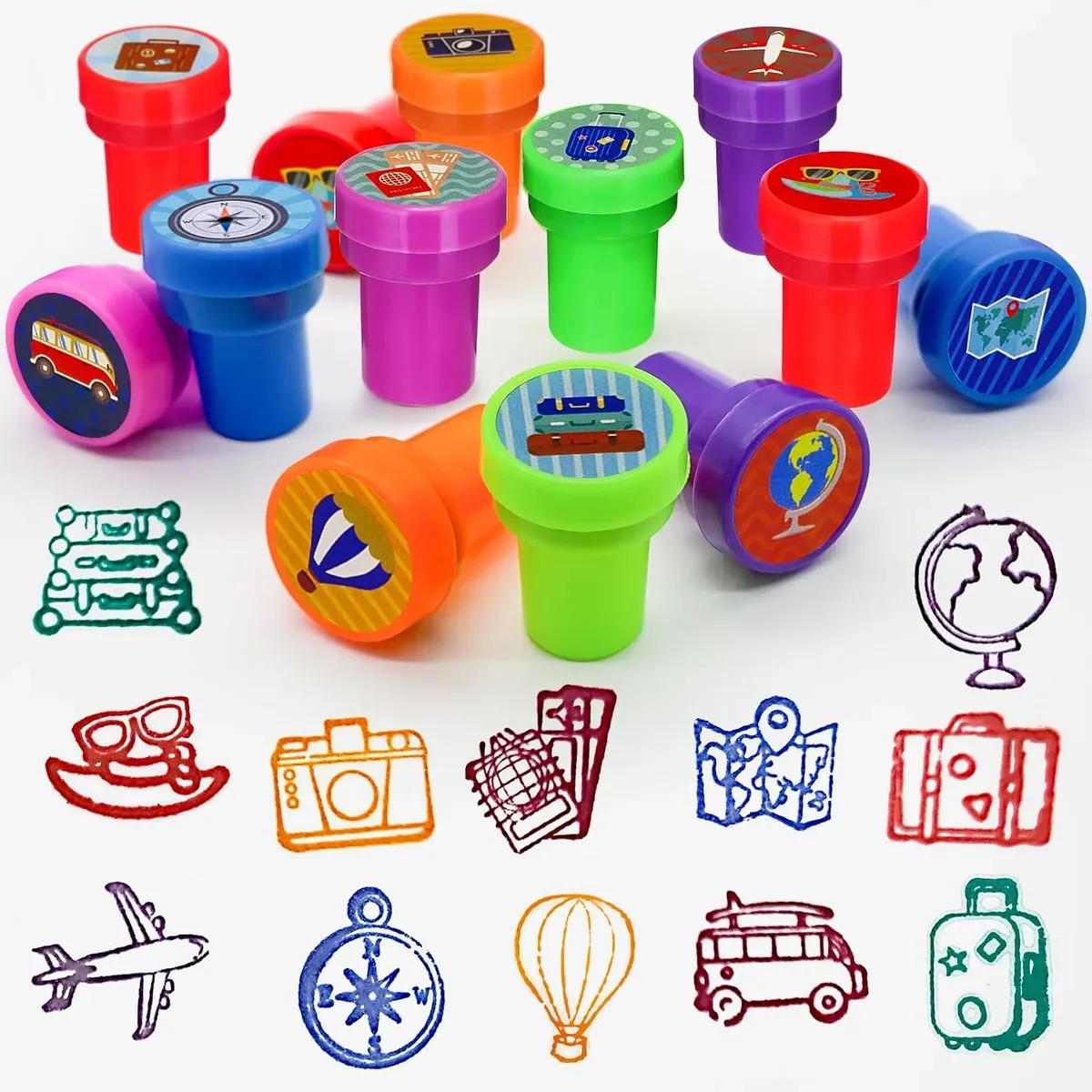 Colorful pre-inked self-inking stampers for kids lined up
