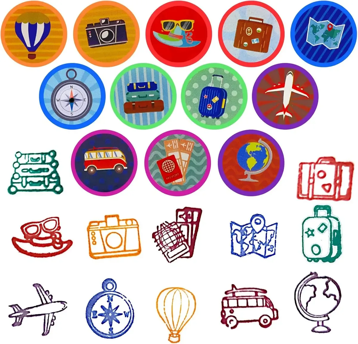 Travel stamp designs printed by self-inking stampers for kids